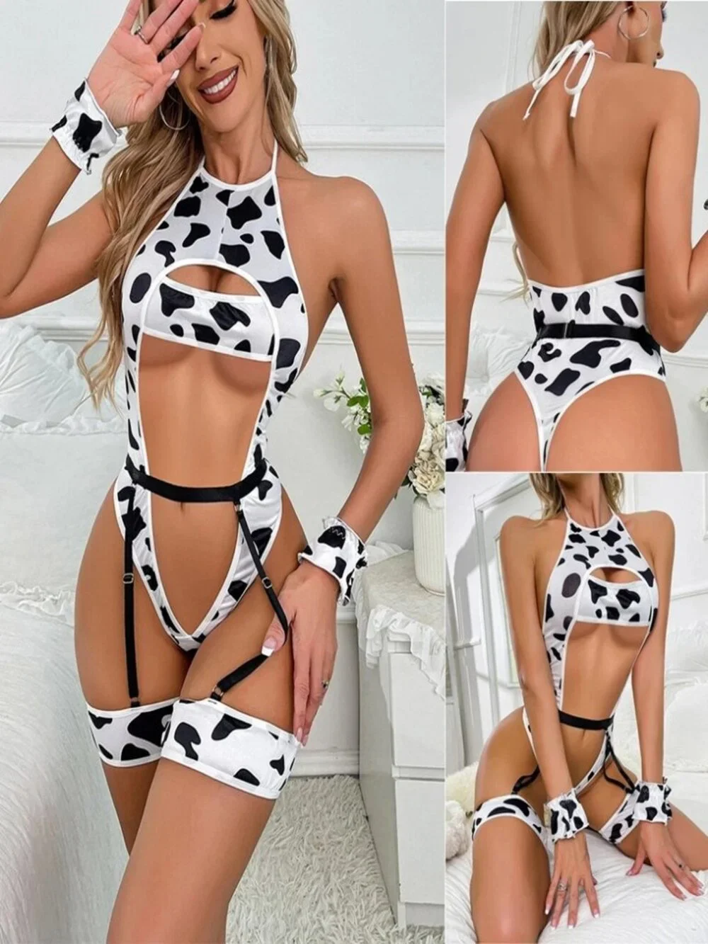 Women's Sexy Lingerie Milk Cow Cosplay Bodysuit Bra Panty Underwear Garter Set
